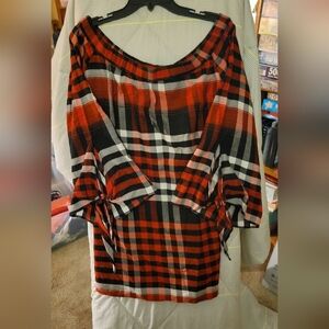 Denim Brand 20W Plaid Red Black White Off Shoulder Necklace Tunic Top 3/4 Tied…